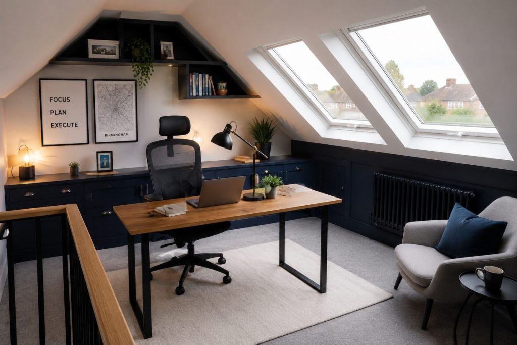 UK loft home office with skylight windows